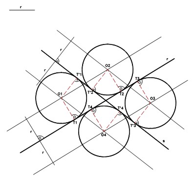 CIRCUNFERENCIAS TANGENTES A DOS RECTAS r Y s QUE SE CORTAN, CONOCIENDO EL 
  RADIO DE LAS SOLUCIONES